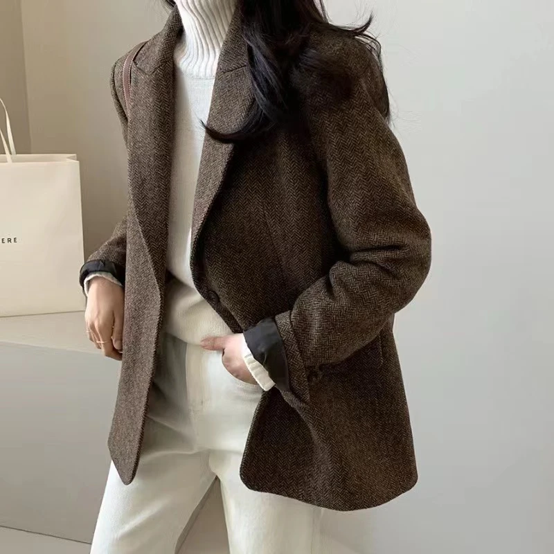 【全额运补】【送胸针】杭州原版正品2025秋冬高级 蓝金格纹外套女