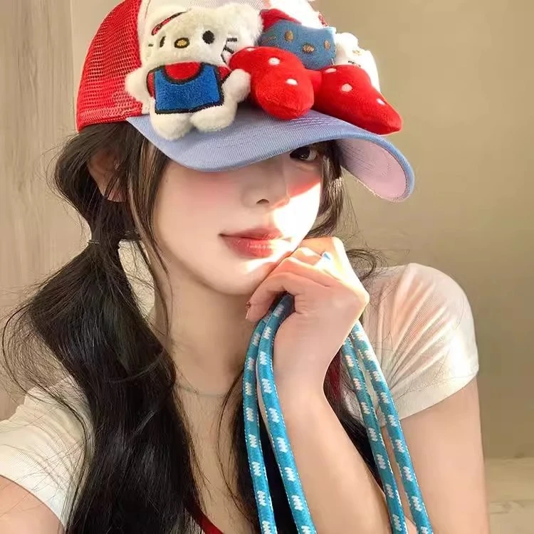 2025新款可爱Kitty猫蝴蝶结鸭舌帽子女y2k亚比风显脸小透气棒球帽