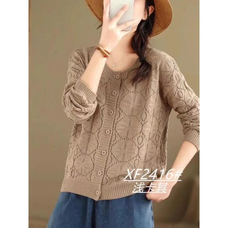069棉线针织单排扣开衫女款均码