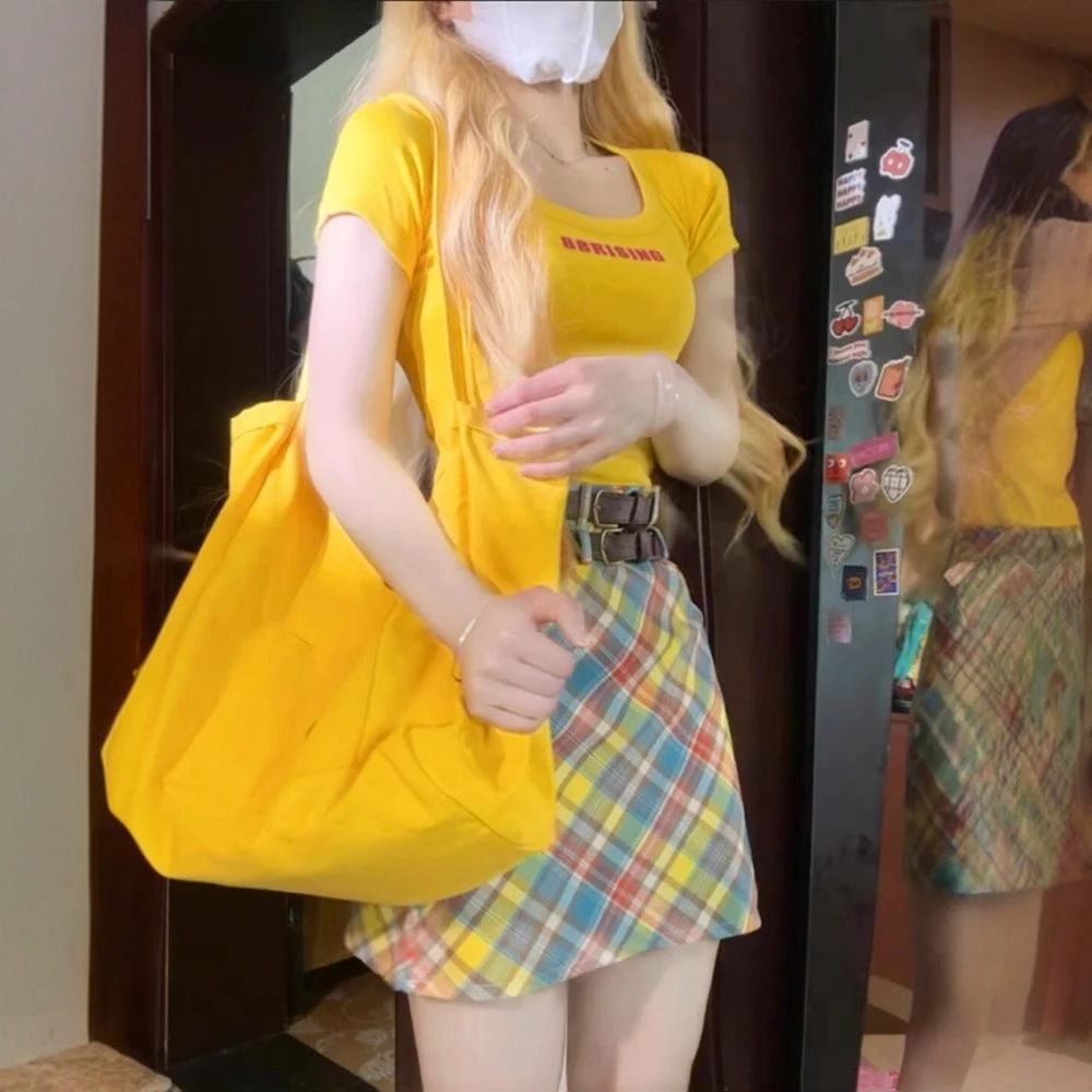 正肩大领口黄色短袖t恤女夏季甜辣小个子短款显瘦遮肉多巴胺上衣