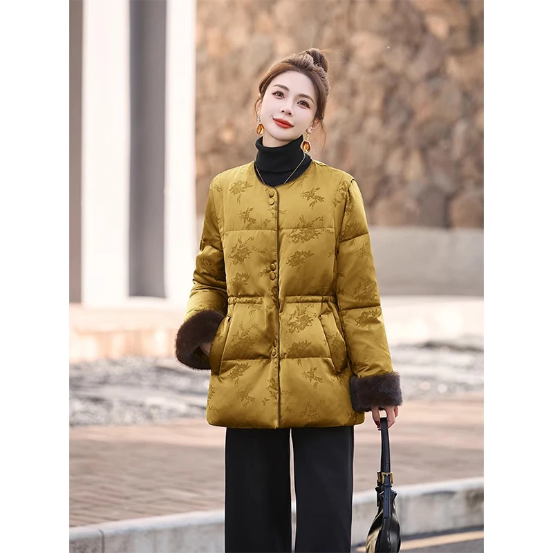 时尚复古新中式提花棉服外套女秋冬高级感别致收腰保暖加厚棉衣潮
