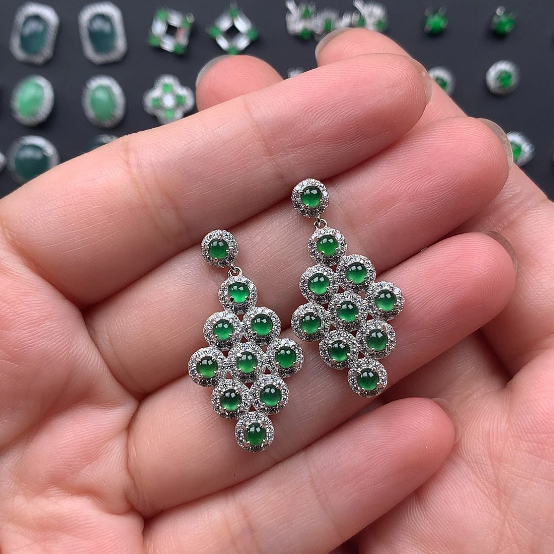 沉***花翡翠银S925镶嵌耳饰