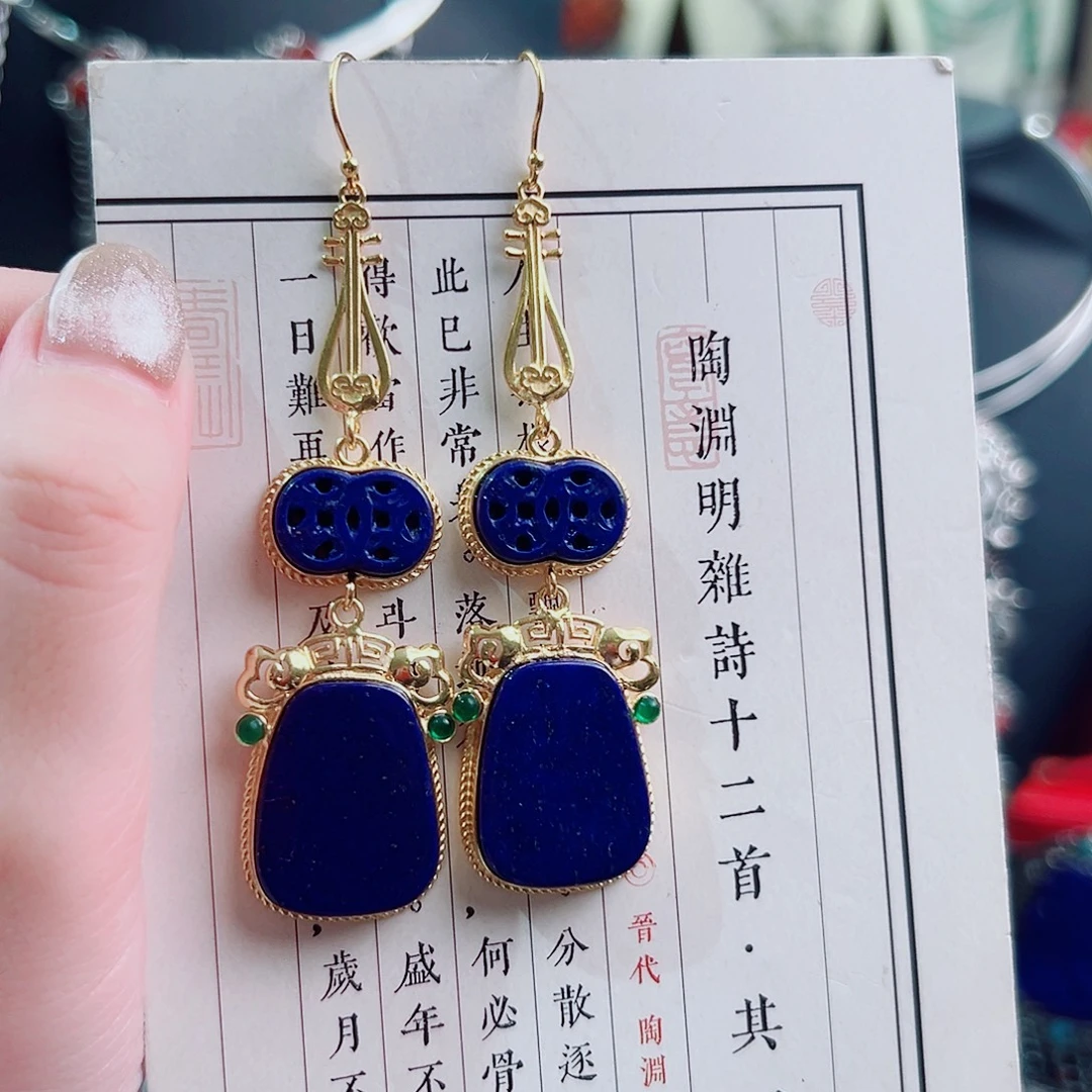 挂件青金石银S925镶嵌耳环