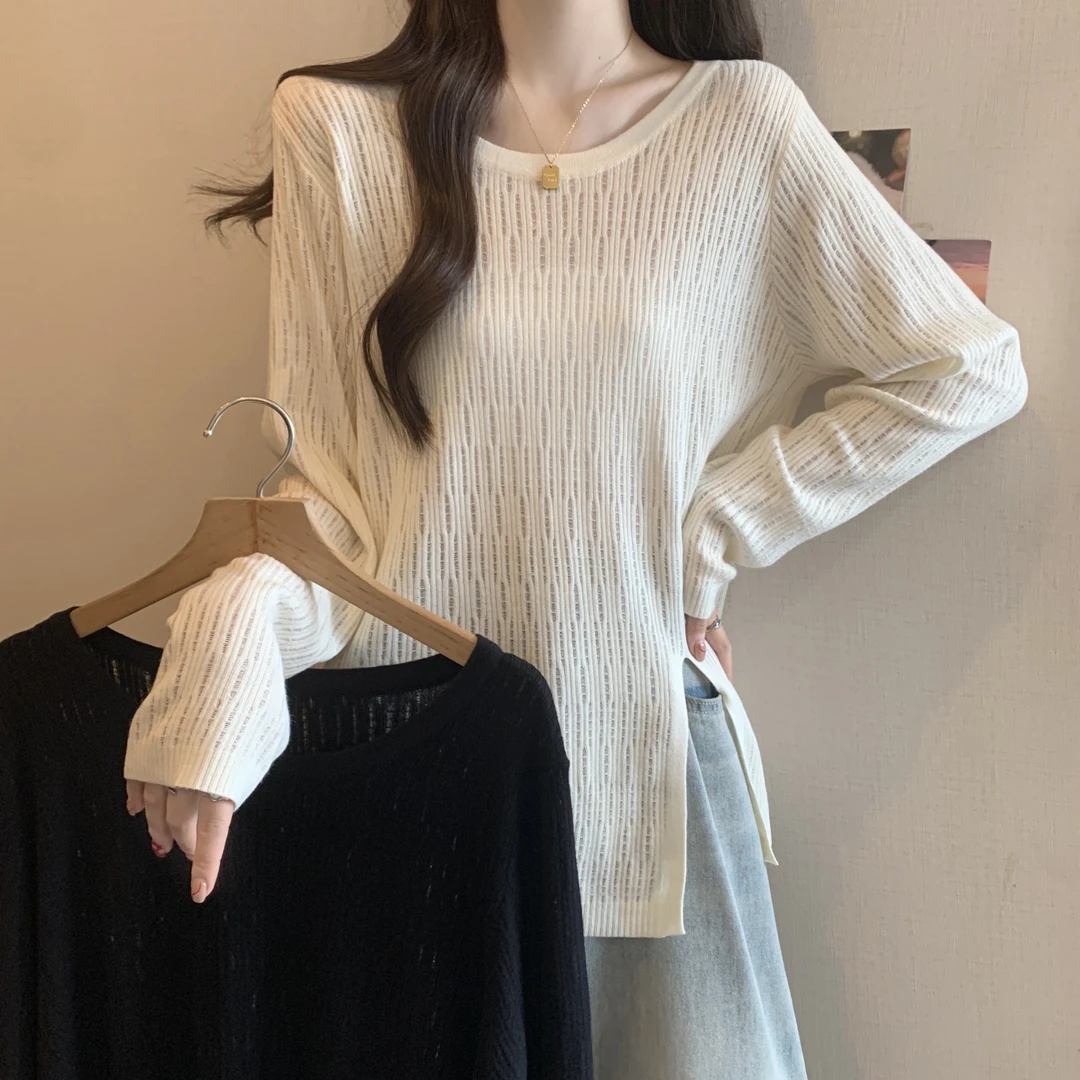 显瘦修身长袖杂志风不规则中长款T恤薄款开叉防晒