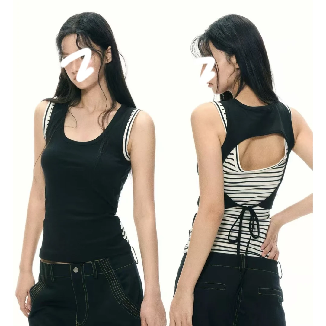 假两件撞色条纹工字背心设计感小众拼接镂空露背系带无袖上衣