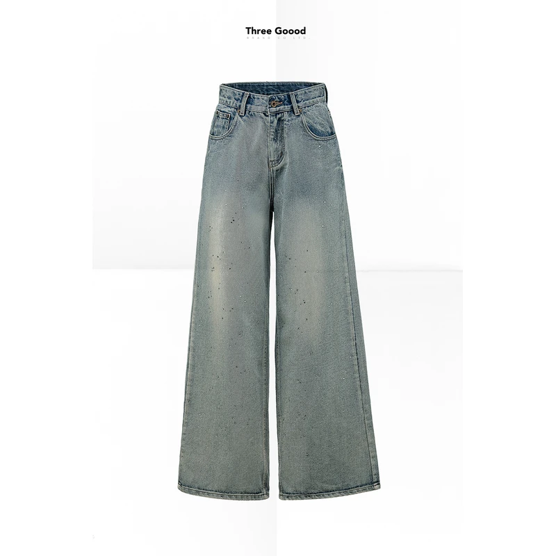 THREEGOOOD/三吉星光精致通勤风蝴蝶结烫钻水洗牛仔裤SK240478