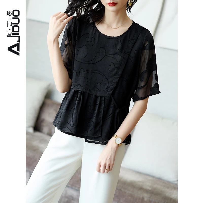 阿吉多高档人丝提花雪纺衫女夏款2025新款大码小衫遮肚子显瘦上衣