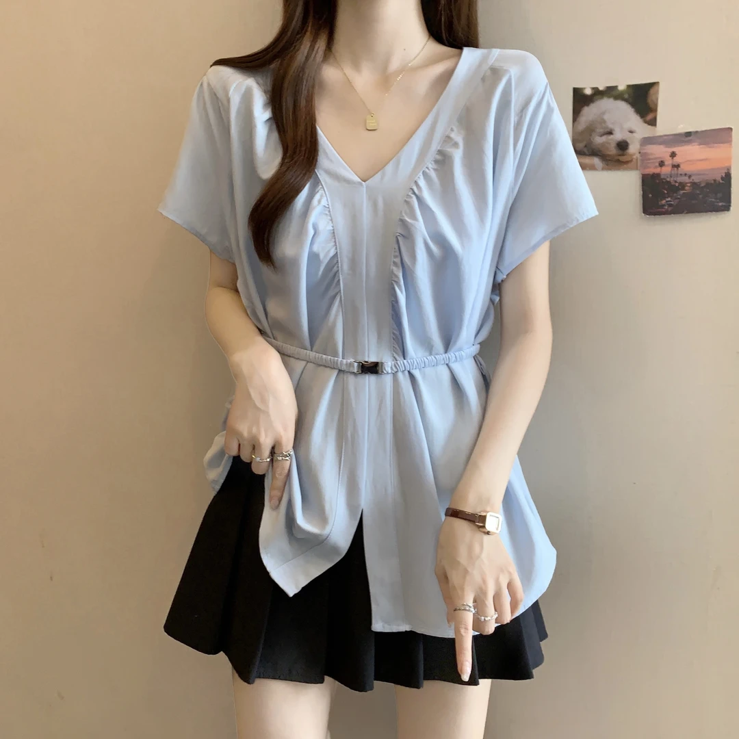 大码女装遮肚子法V领收腰短袖衬衫女夏季胖妹妹宽松显瘦正肩上衣