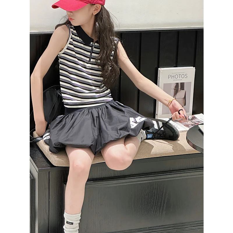 K28980撞色女童polo衫背心2025新款夏装儿童无袖上衣休闲大童内搭