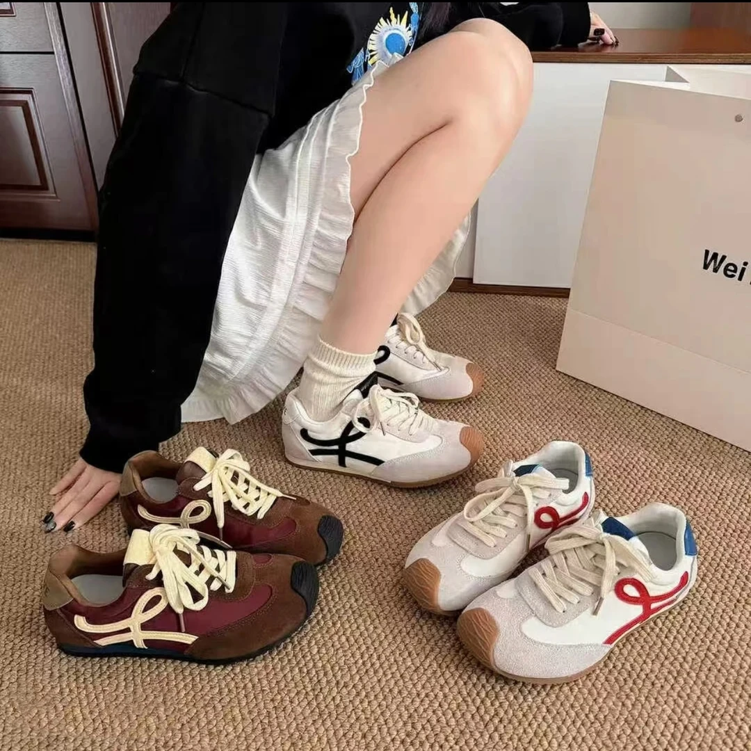 【交个朋友专属】2025春季新款1128 磨砂皮圆头系带拼色休闲鞋女鞋