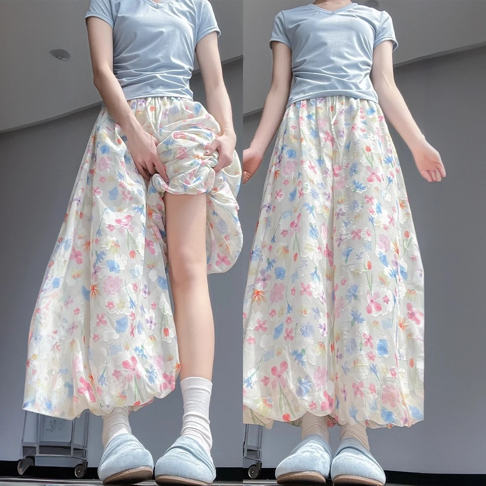 冰丝碎花花苞裙裤女夏季薄款2025年新款高腰显瘦小个子休闲阔腿裤