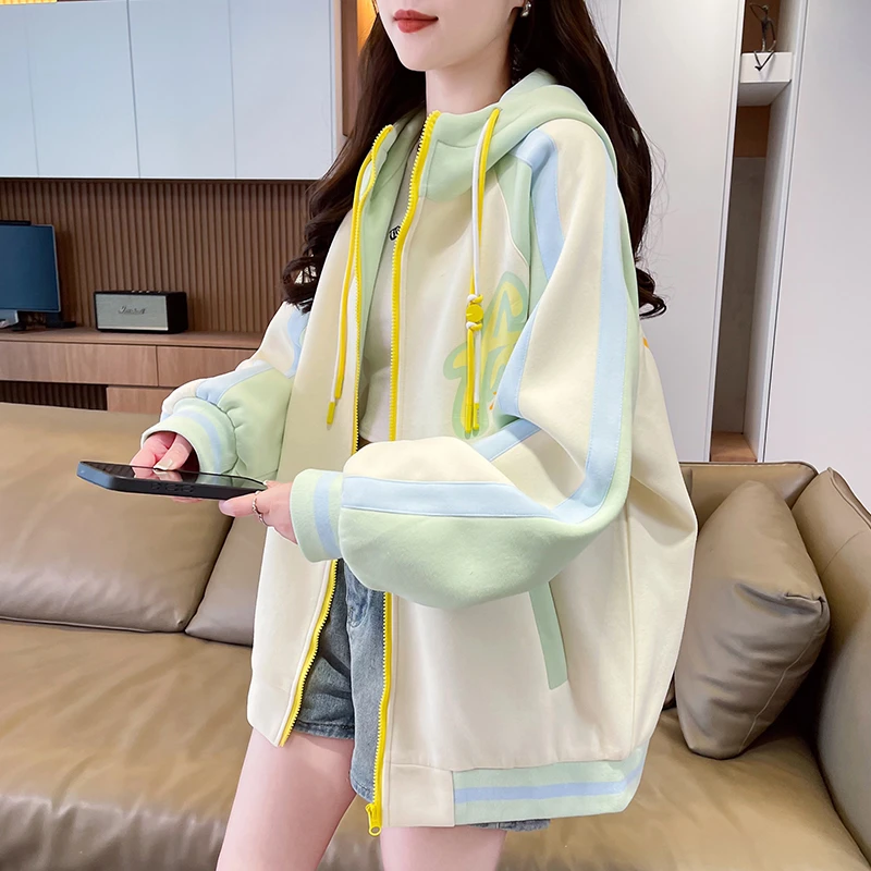 宽松连帽棒球服外套女春秋2025新款初高中学生糖果色运动开衫卫衣