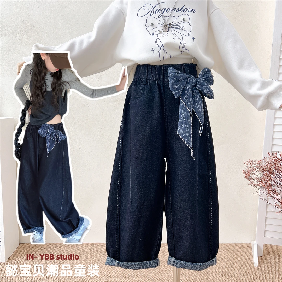 童装2025秋款女童洋气休闲蝴蝶结丝巾老爹裤儿童牛仔裤