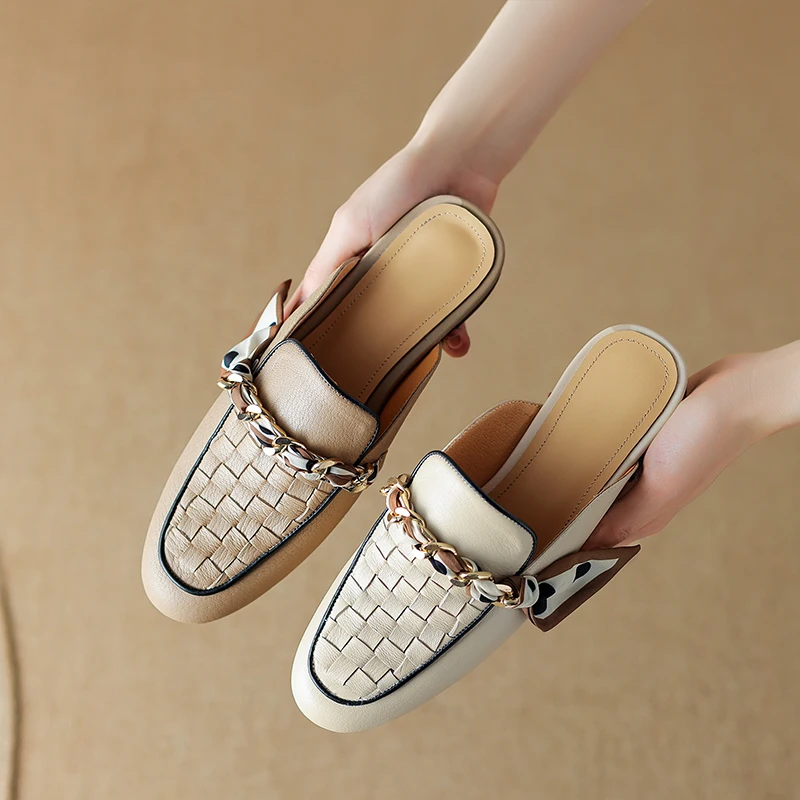 羊皮2公分/法式编织包头半拖鞋女夏季新款时尚镂空低跟凉拖鞋