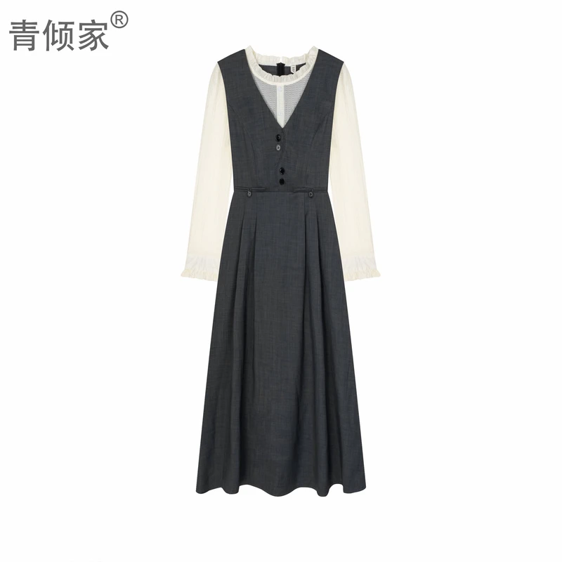 青倾家【圆月独奏】秋季法式复古灰色V领背带裙女气质收腰修身衣裙