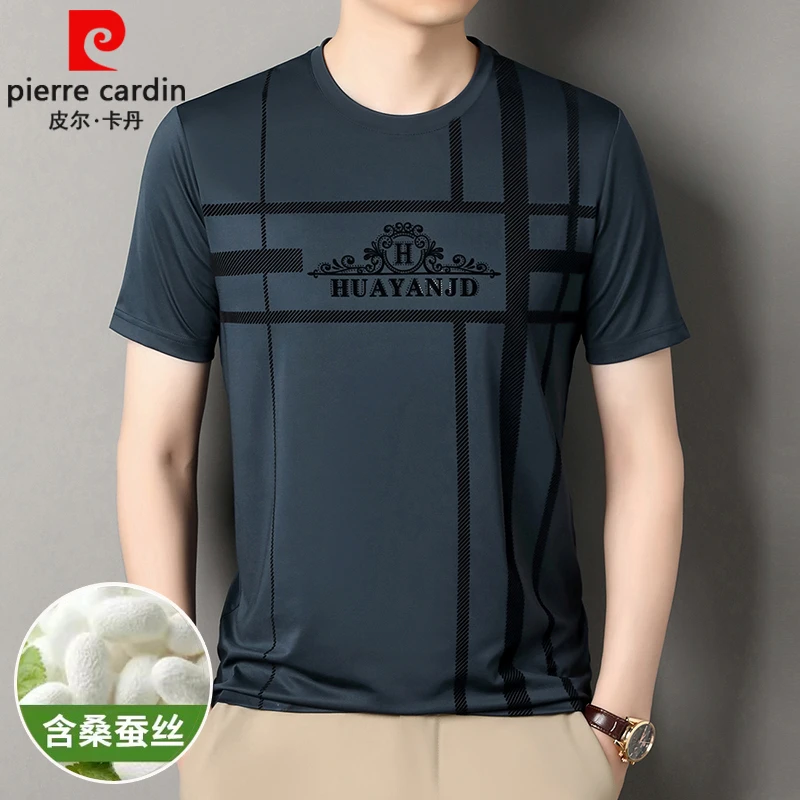 皮尔卡丹桑蚕丝圆领短袖T恤男夏季植绒+奥钻印花时尚休闲大码上衣