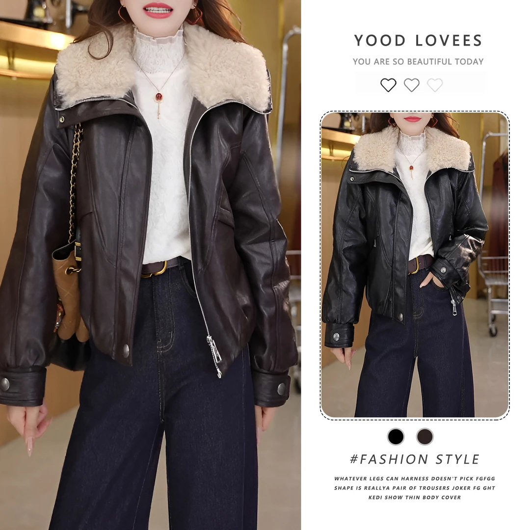 2025冬季新款设计感韩版显瘦加绒大翻领女皮毛一体复合洋气皮衣潮