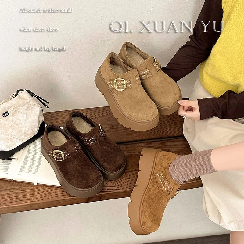 小个子厚底加绒全包增高勃肯鞋女2025新款秋冬一脚蹬保暖雪地棉鞋
