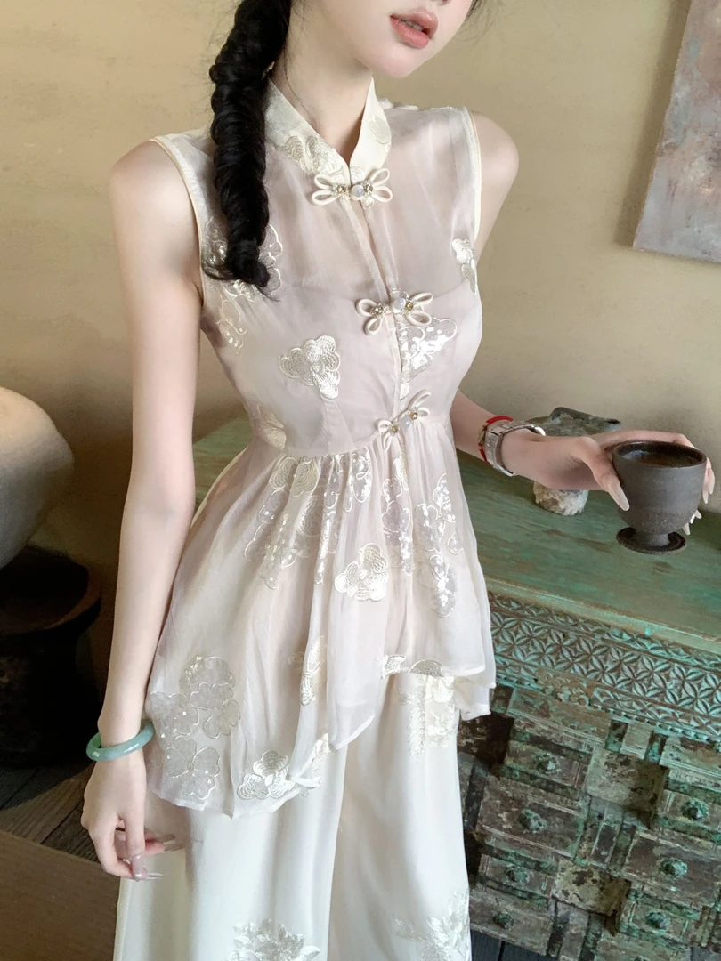 【雅乔定制】岁月静好 新中式荷叶亮片刺绣无袖上衣DYYY-25025833