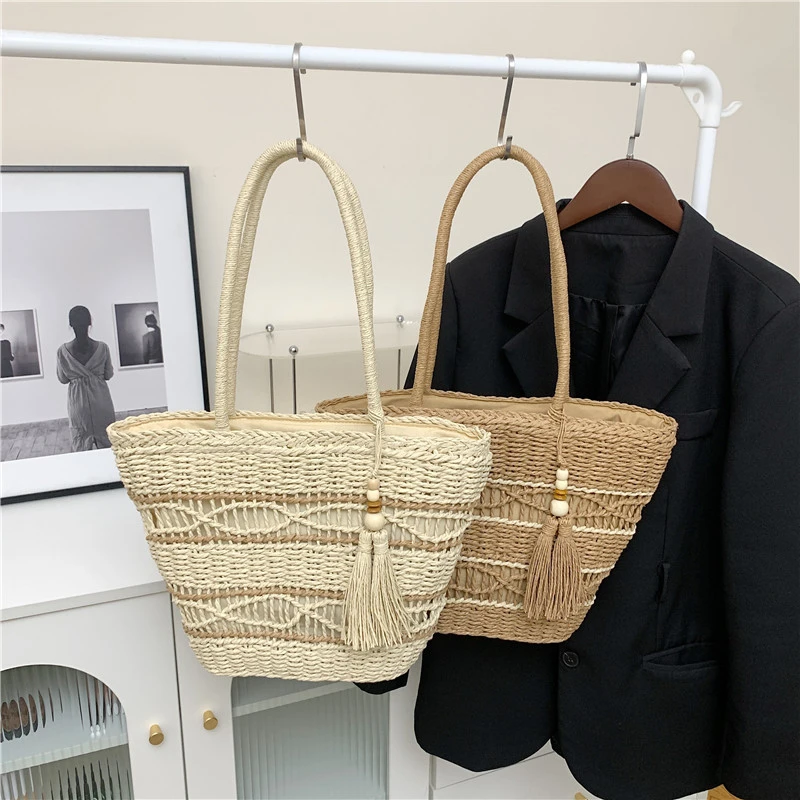 包包春游时尚百搭大容量托特包草编包流苏单肩包腋下包小众休闲