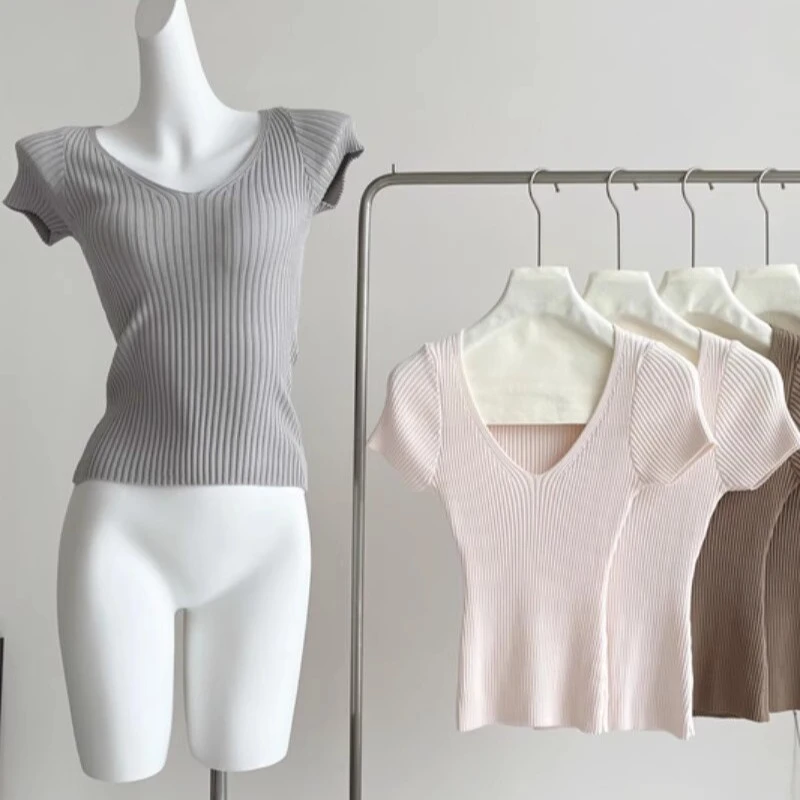 芊依轻氧柔光胸大腰细 小飞袖冰丝短袖女夏坑条针织T恤上衣百搭
