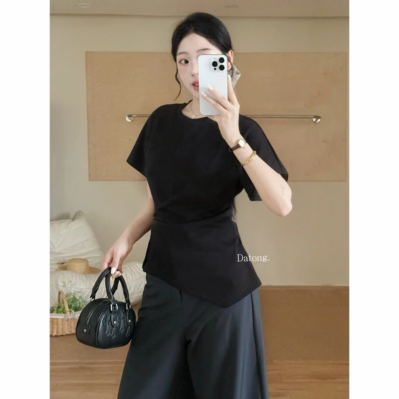 夏季新款简约设计感圆领收腰不规则短袖T恤女