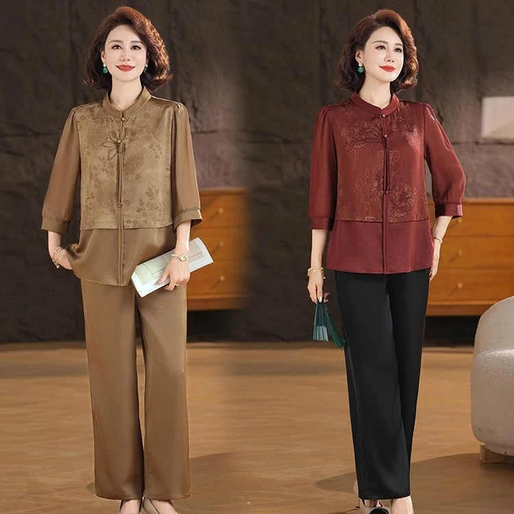 新中式国风中老年正品春季新款新中式妈妈百搭显瘦两件套套装女装