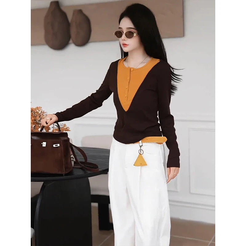 韩系时尚撞色假两件长袖小衫女2025年秋季新款显瘦百搭打底上衣潮