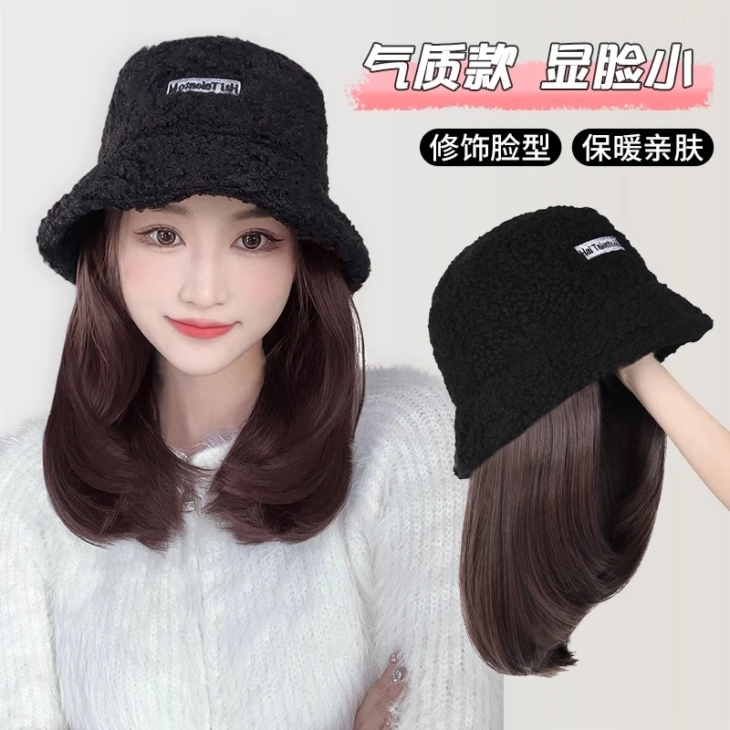 帽子假发一体女时尚秋冬季新款保暖渔夫帽锁骨发百搭羊羔毛假发帽
