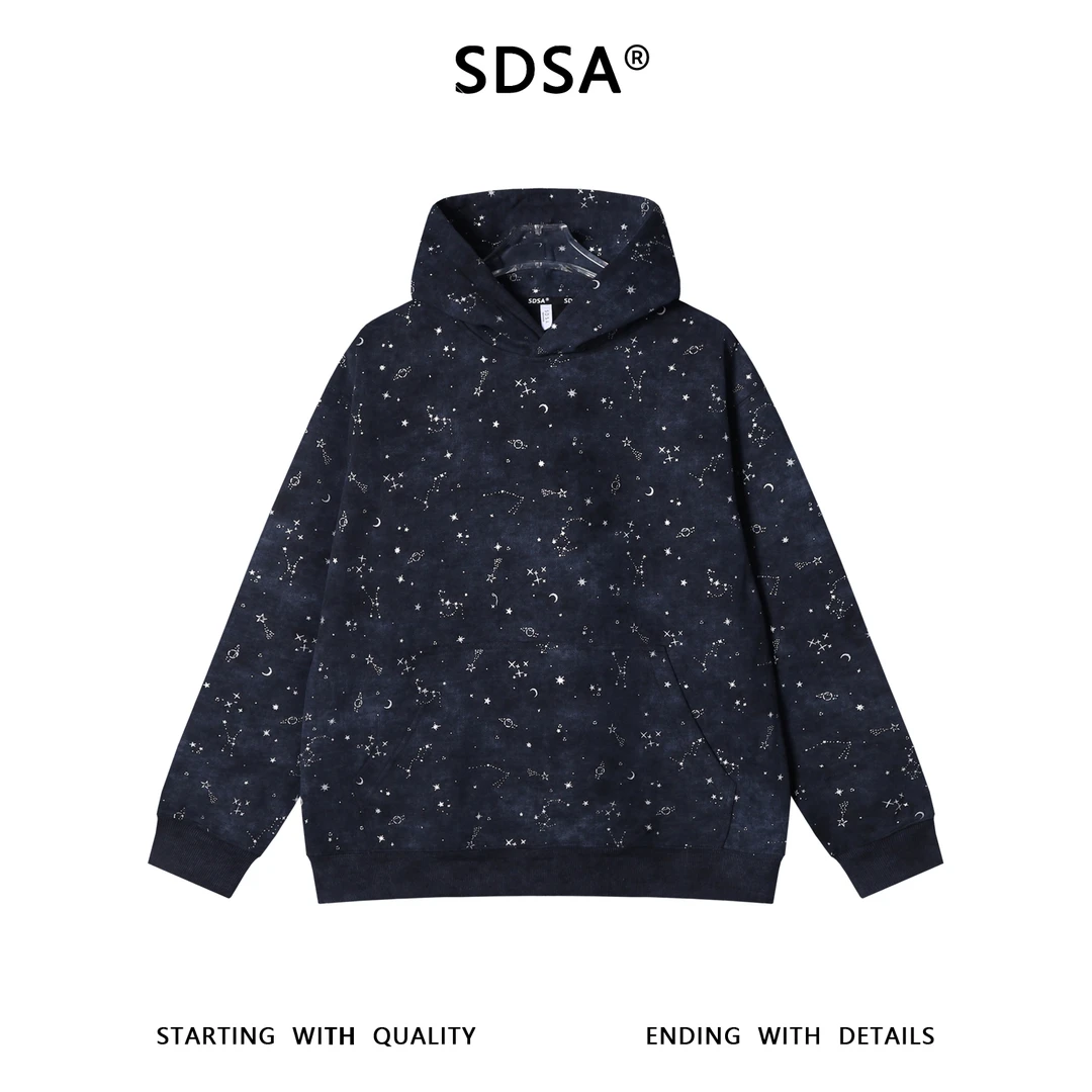 SDSA男士秋冬新款痞帅男装潮牌星星月亮滴胶连帽卫衣百搭宽松上衣