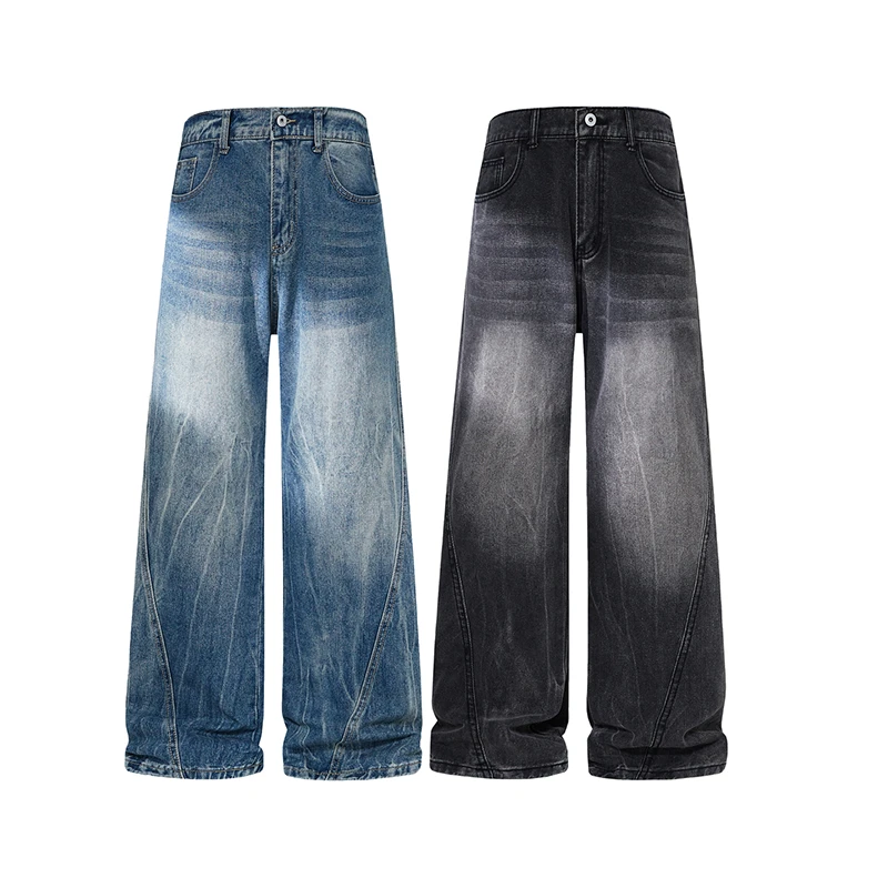 美式高街闪电纹设计感微喇牛仔裤男款宽松直筒休闲百搭阔腿长裤子