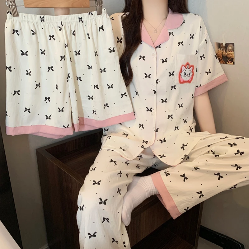 【玛丽猫】睡衣女夏季薄款短袖短裤长裤三件套卡通蝴蝶结家居服