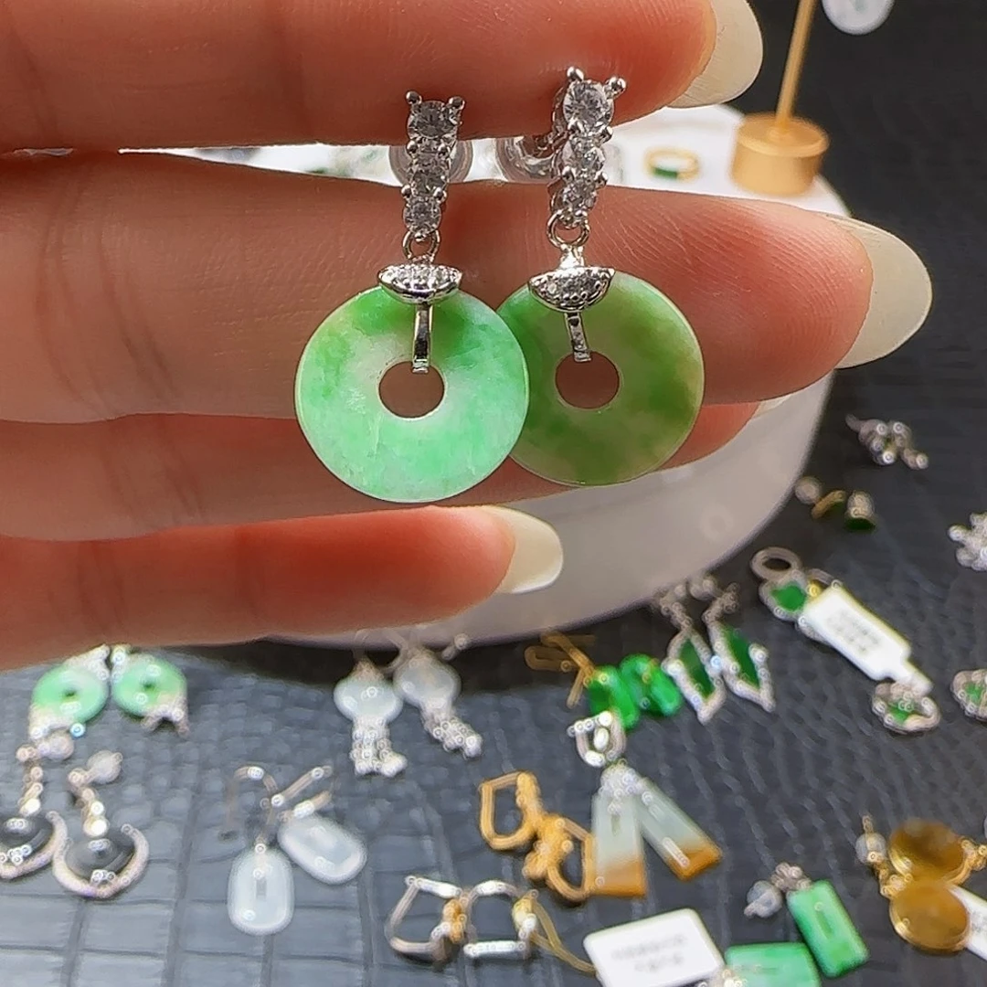 翡翠银S925镶嵌耳饰天然缅甸a货翡翠