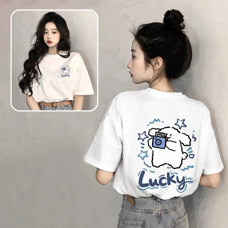 卡通小狗t恤女白色短袖2025新款爆款夏季纯棉宽松韩版上衣体恤ins