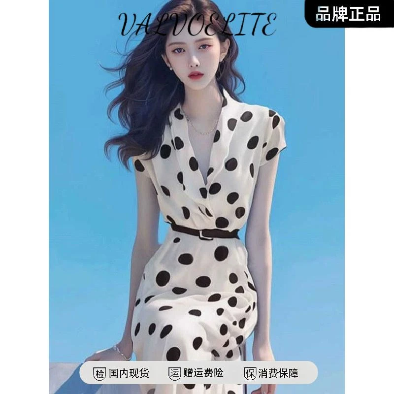 夏季法式初恋长裙上流社会精致气质女神范风情万种V领波点连衣裙
