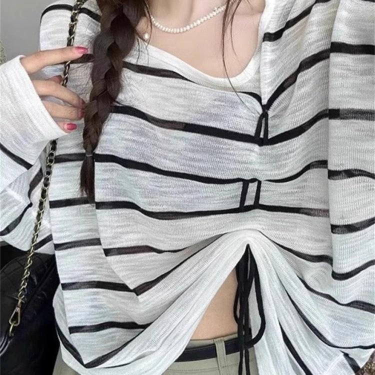 300斤特大码条纹针织衫女夏季薄款宽松冰丝长袖防晒罩衫空调上衣