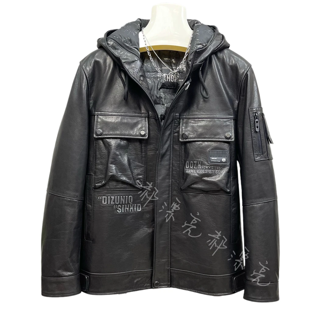 新款连帽皮羽绒直下摆男士真皮皮衣休闲中长款黑外套潮流保暖时尚