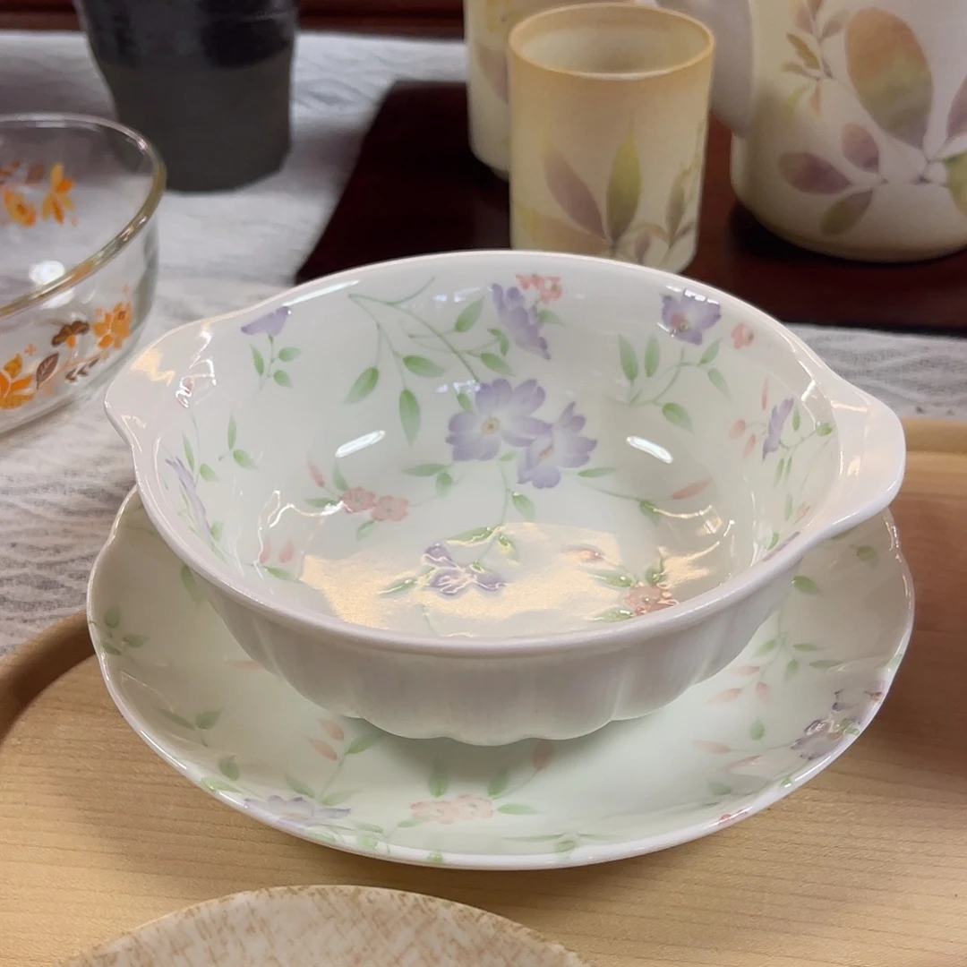 瓷片小花双耳碗碟套装7