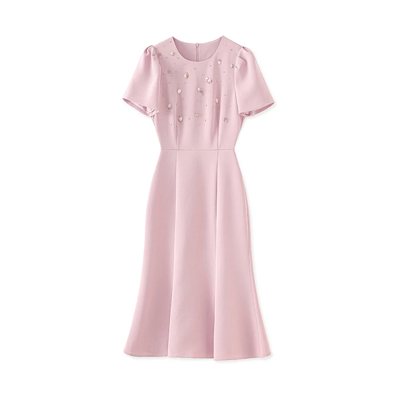 时尚华丽显瘦夏日女士短袖圆领嵌钻优雅气质贝壳鱼尾样式连衣裙