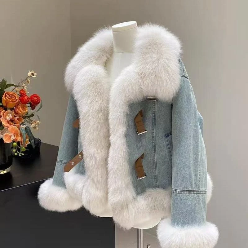 韩系羽绒服毛领名媛蓝色牛仔外套女冬季羽绒加厚保暖皮草毛绒大衣