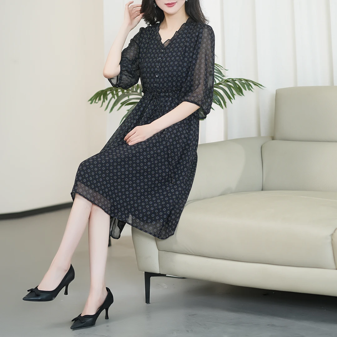 （时尚女王）2025年蚕丝扎染印花高腰显高显瘦气质连衣裙