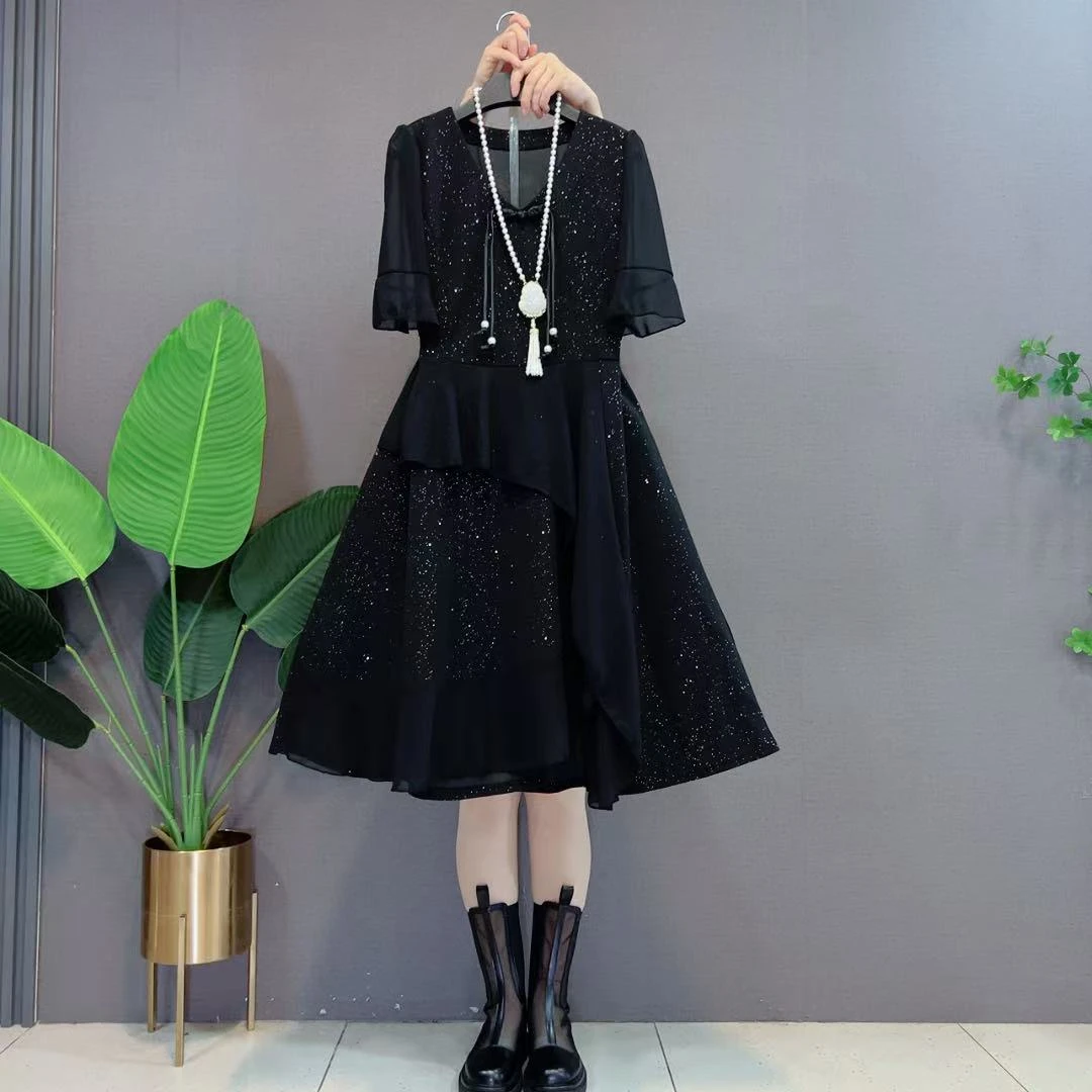 欧货新中式不规则雪纺短袖收腰显瘦气质复古国风洋气显瘦连衣裙