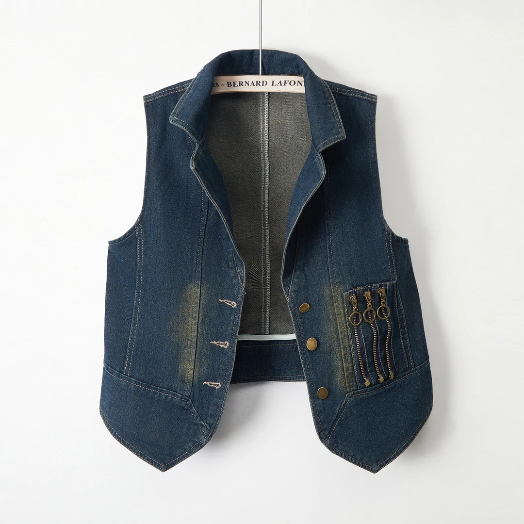 2025新款复古时尚拉链装饰翻领显瘦牛仔马甲女春秋季休闲百搭坎肩