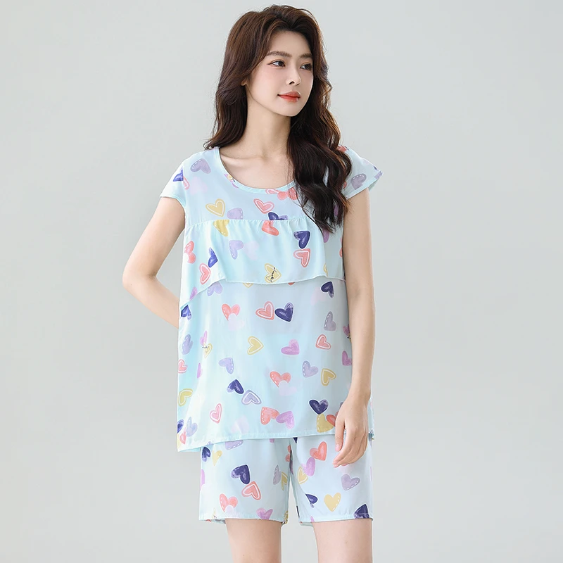 夏季新款防凸点短袖短裤家居服圆领薄款两件套棉绸女睡衣宽松