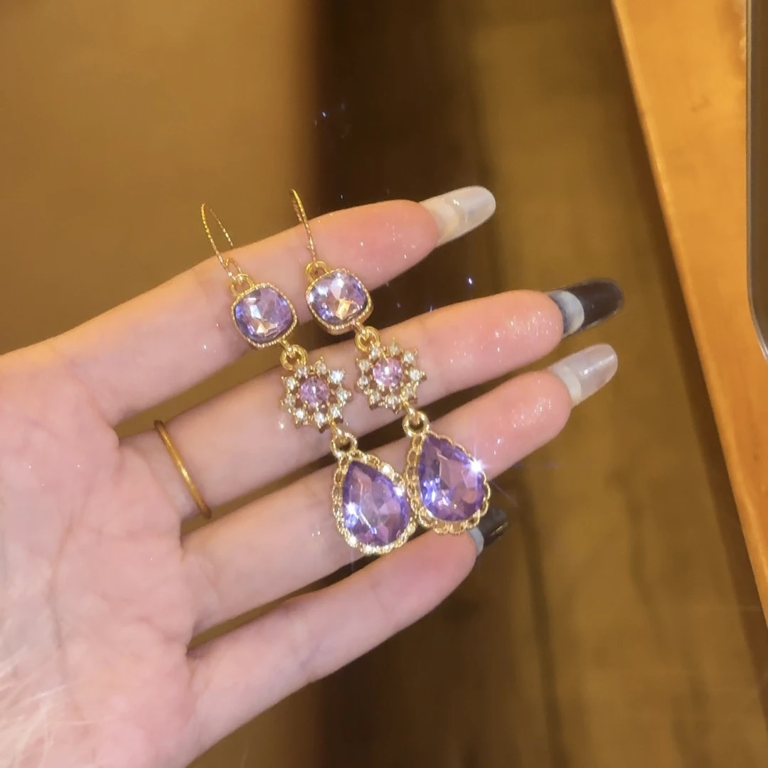 铜合金合成锆石耳饰 复古紫色优雅闪耀高级感耳环长款气质耳饰女