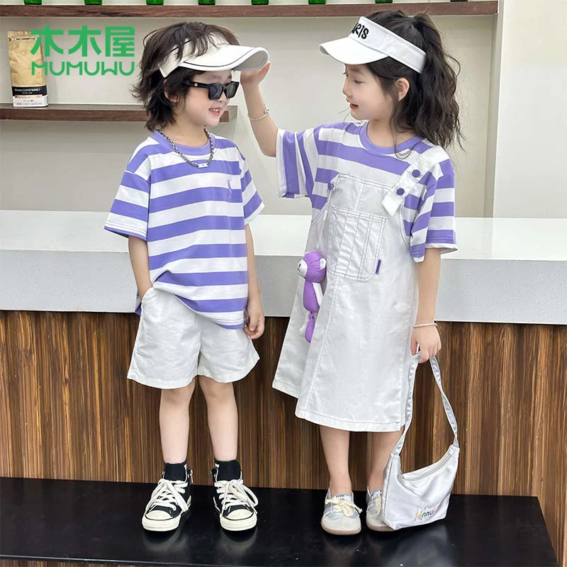 【主播推荐】【顾奈】木木屋夏季儿童上衣假两件背带裙姐弟装HCB376