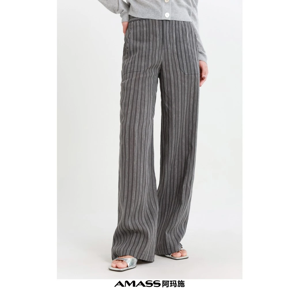 阿玛施 夏季新款老钱风时尚高级感舒适松紧腰亚麻阔腿长裤510052
