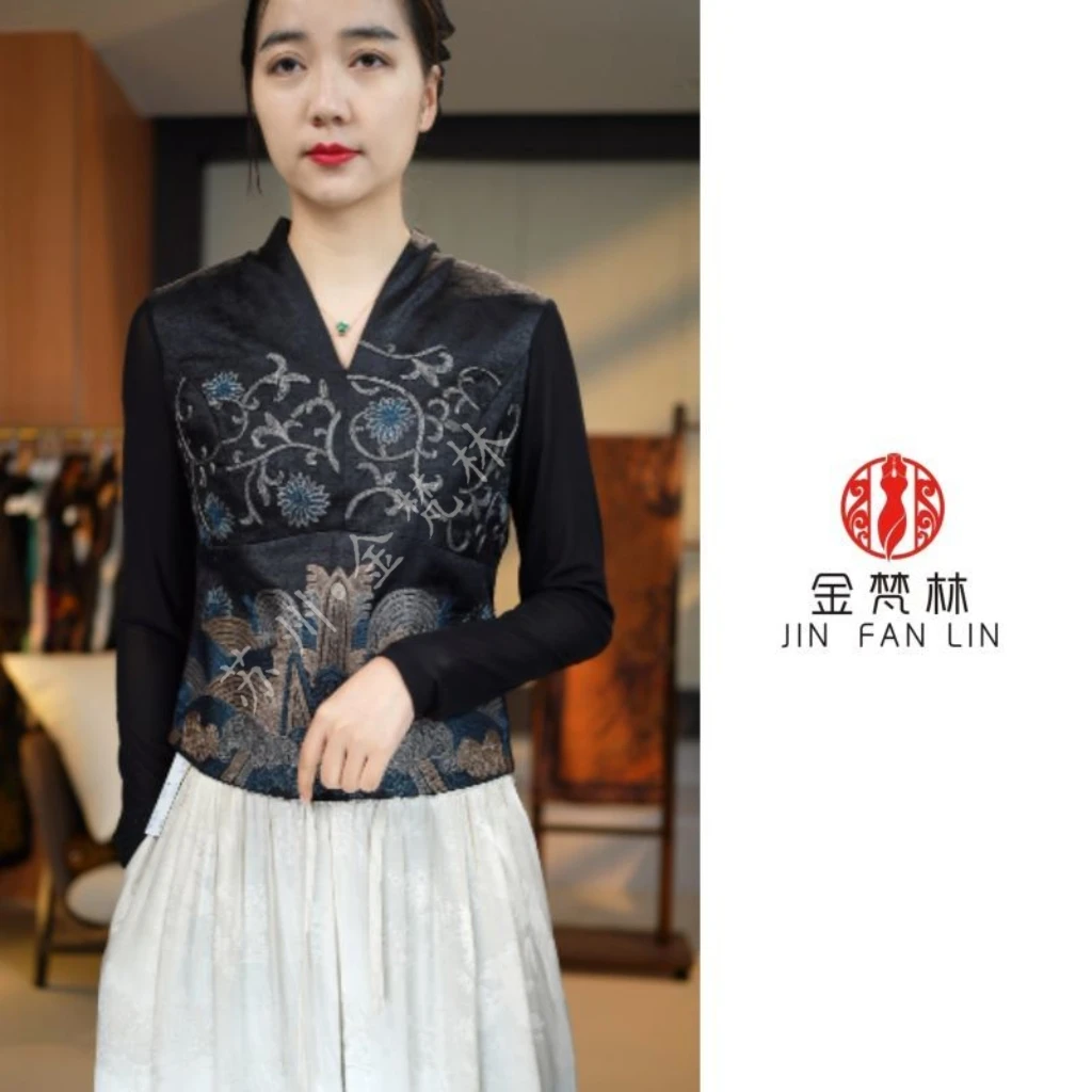 【醉里浪亭】国风新中式龟纹V领拼接网纱长袖刺绣上衣中年妈妈装