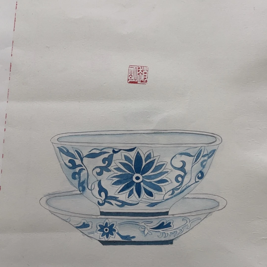 国画青花瓷盖碗哈哈哈