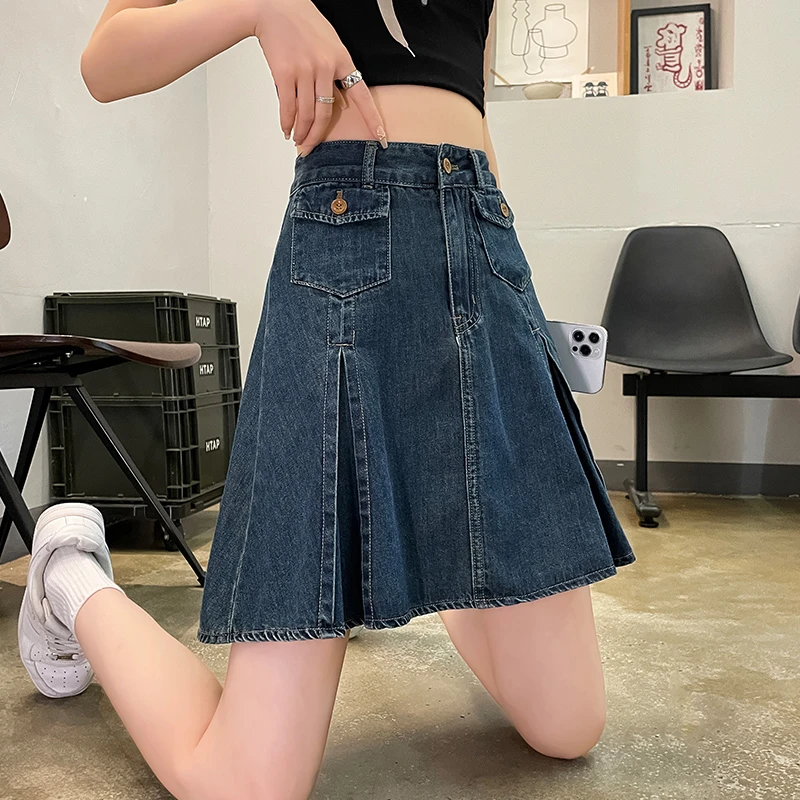 蜜蜜穿搭牛仔短裙女夏季a字百褶裙2025新款高腰小个子复古半身裙